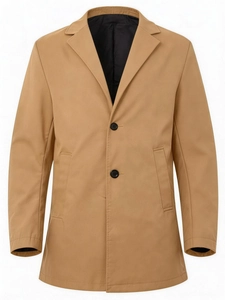 Classic khaki mid-length men trench coat with notched lapel and two-button closure