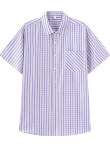 Mens short sleeve plaid button down shirt in purple and white stripes with chest pocket