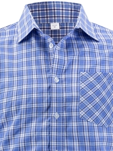 Detail of blue plaid shirt featuring standard point collar and US size M label