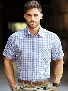 Men's classic blue and white checkered short sleeve shirt with chest pocket and lapel