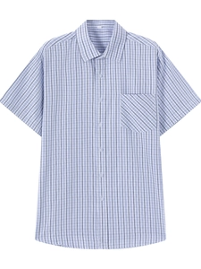Classic blue and white striped men's short sleeve shirt with chest pocket and lapel