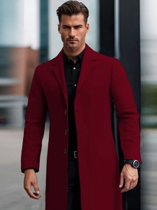 Elegant men's dark burgundy wool blend overcoat with a standing collar and classic fit