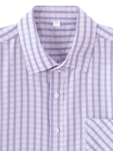 Men's pink plaid short sleeve shirt with button-up collar and chest pocket detail