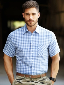 Men's casual light blue plaid short sleeve shirt with chest pocket and classic lapel collar