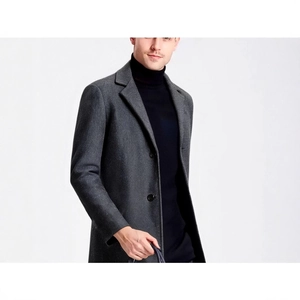 Classic dark grey mid-length wool coat for men with stylish lapels and slim fit design