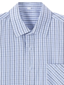 Close-up of men's blue striped shirt collar and diagonal stripe breast pocket detail