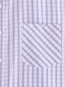 Close-up of pink and blue striped cotton fabric with a diagonal chest pocket and buttons