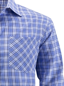Detail of blue plaid men's shirt showing bias-cut chest pocket and pointed collar design