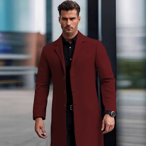 Elegant men's wine red long wool coat with stand collar and business casual design