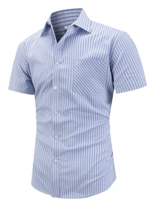 Classic blue and white striped men's short sleeve shirt with breathable collared design