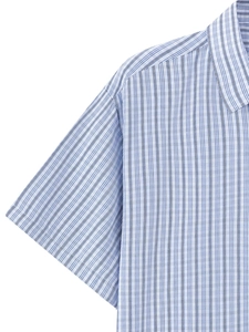 Close-up of short sleeve business shirt with blue and white pinstriped fabric texture