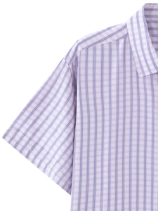Close-up of a lavender plaid short-sleeved shirt with a classic collar for men