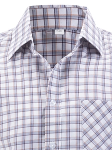 Detail shot of men's plaid shirt collar and pocket with US SIZE M label on blue fabric