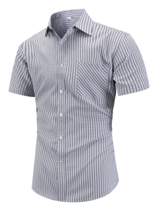 Men's breathable short sleeve business shirt with grey and black micro-check pattern