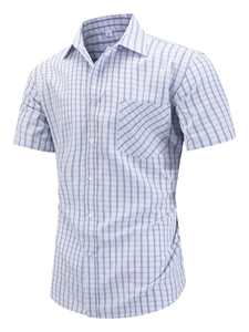 Men's blue and white checkered short sleeve shirt with chest pocket and button-down collar