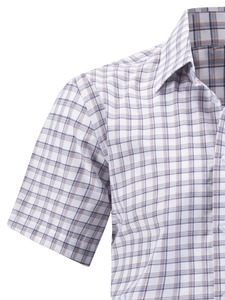 Close-up of white plaid men's shirt featuring classic grey and orange checkered pattern