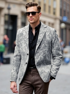 Men's stylish grey marble pattern business casual blazer with two-button design