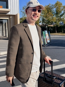 Veste de costume décontractée à carreaux marron pour homme avec boutonnage simple d'automne