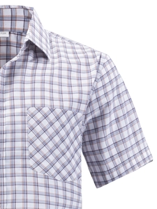Classic men's short sleeve plaid shirt with chest pocket and white checkered fabric