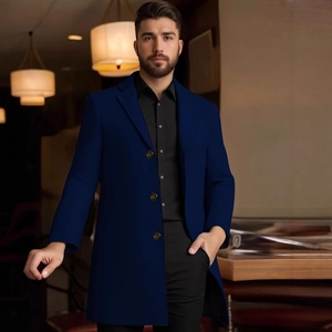 Men's navy blue mid-length coat with lapel and three-button closure for business casual style
