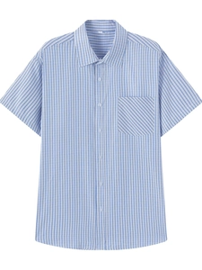 Close-up of blue and white striped men's shirt showing breast pocket and lapel detail