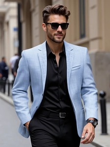 Men's light blue casual blazer with textured fabric and notch lapels in street style