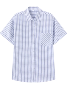 Men's fashion plaid short sleeve shirt with blue grid pattern and chest pocket detail