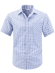 Detail of blue and white plaid casual short sleeve shirt with button pocket