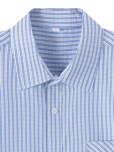 Close-up of breathable men's shirt collar with blue micro-stripes and white buttons