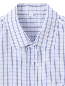 Men's professional casual plaid shirt with blue and white grid pattern and button collar