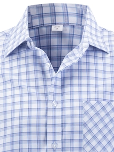 Close-up of classic blue and white plaid shirt collar with button and size tag