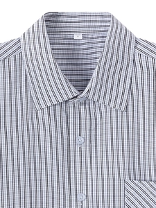 Close-up of black and white vertical striped shirt with square collar and pocket detail