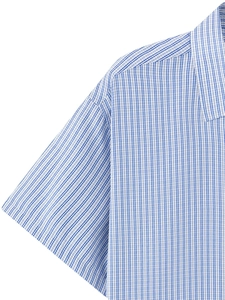 Detailed view of the collar and striped fabric of a men's blue and white summer shirt