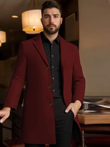 Classic burgundy wool blend overcoat for men with notched lapels and single-breasted buttons