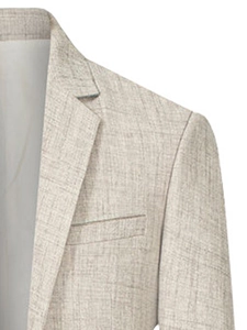 Détail du revers classique et de la poche poitrine sur veste beige pour homme
