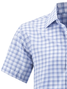 Close-up of classic blue and white checkered short sleeve shirt with button-down collar