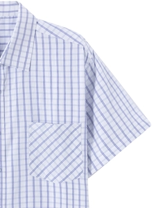 Men's blue plaid short sleeve shirt with button-down collar and chest pocket detail