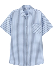 Close-up of light blue plaid short sleeve shirt with chest pocket and classic collar
