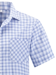 Detailed close-up of blue plaid men's shirt with chest pocket and size M label