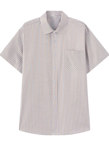 Close-up detail of white and brown striped shirt with turn-down collar and chest pocket