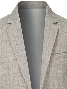 Détails du revers d'un blazer décontracté taupe avec une texture de tissu sophistiquée