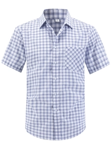 Close-up of blue plaid short sleeve shirt collar and chest pocket with US size M tag