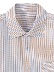 Close-up of brown striped shirt collar, pale blue buttons, and chest pocket detail