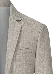 Détail du revers à encoche et de la poche poitrine sur un blazer gris texturé pour homme