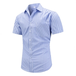 Light blue plaid short sleeve shirt for men with classic lapel and single breasted buttons