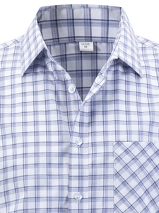 Detail of blue and white checkered cotton shirt with diagonal chest pocket and size tag