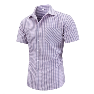 Men Business Casual Plaid Short Sleeve Shirt Button Down Lapel Collar Chest Pocket Polyester Rayon Blend Non-Iron Top