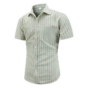 Men's Casual Short Sleeve Plaid Shirt Button Down Contrast Stripe Lapel Collar Business Work Top With Chest Pocket
