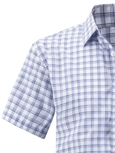 Detailed close-up of blue and white plaid shirt collar and buttons on white background