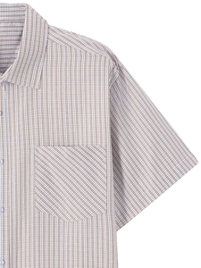 Close-up of men's short sleeve striped shirt with chest pocket and fabric texture